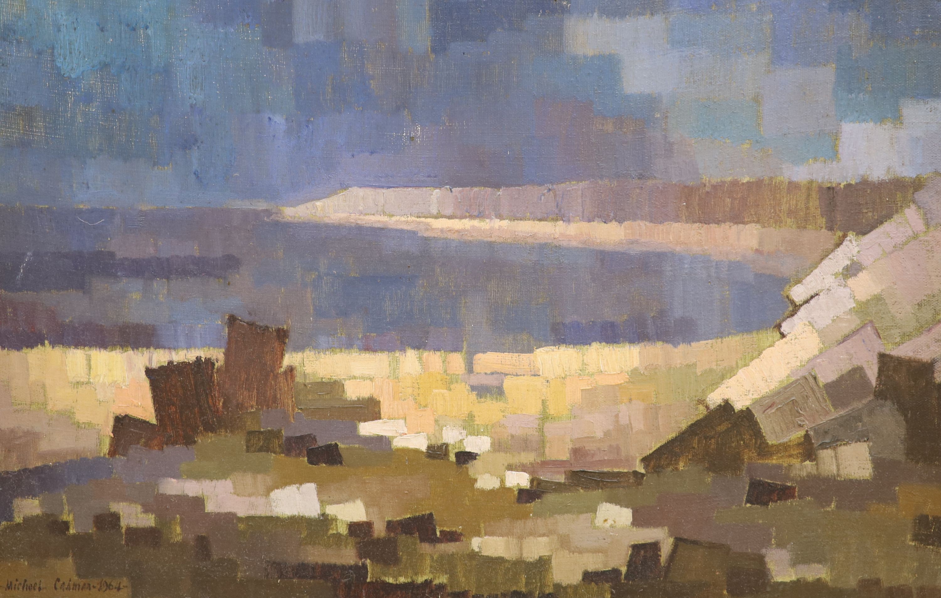 Michael Cadman (1920-2010), two oils on board, Abstract landscape 1964 and Farmyard, France, both signed, 40 x 60cm and 44 x 60cm